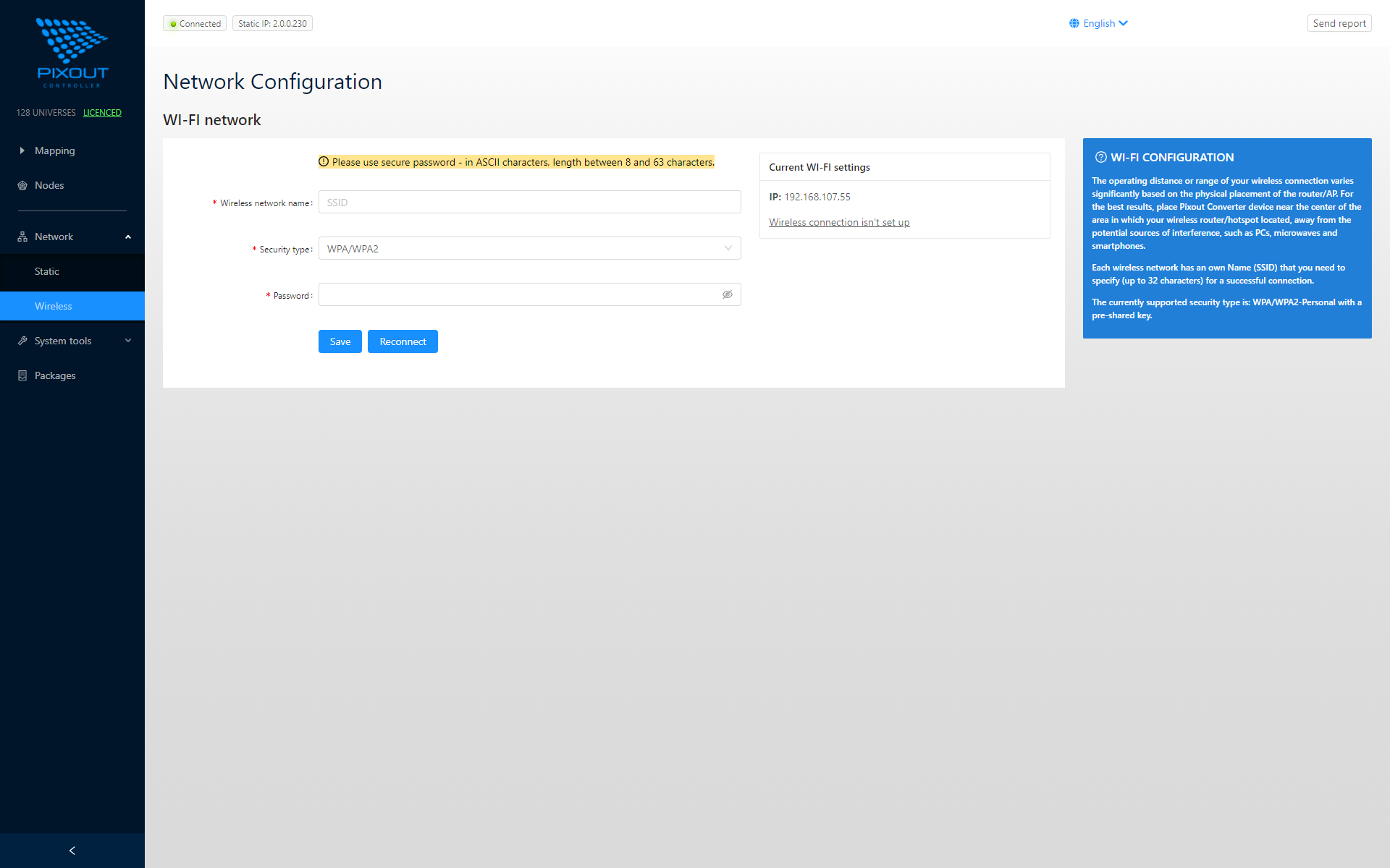 Wireless connection settings